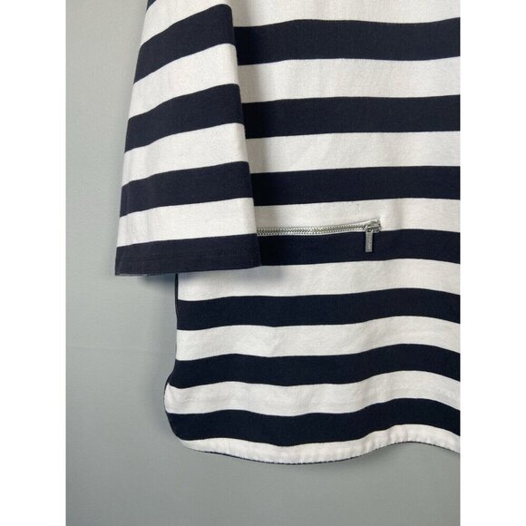 Tommy Hilfiger Shirt‎ Women’s Large Black White Stripe Nautical Zip Leather Trim - Picture 2 of 9